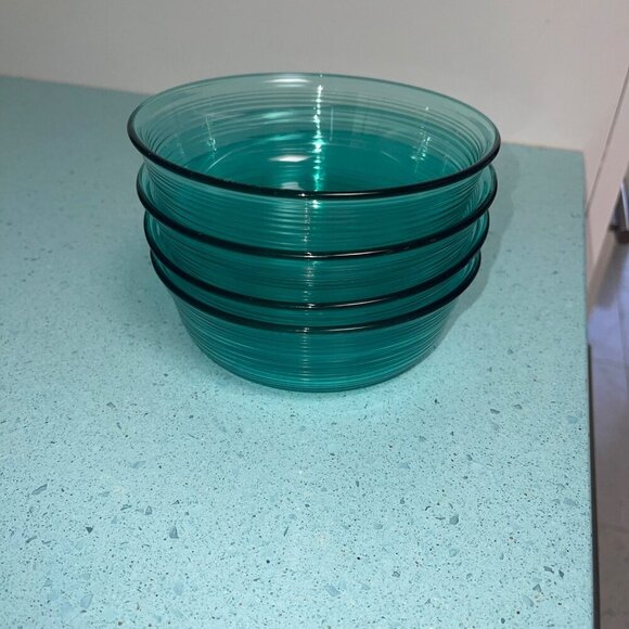 Arcoroc Vintage Cereal Bowl Teal Jardiniere Ribbed Glass Soup Set of 4 France - Picture 3 of 7